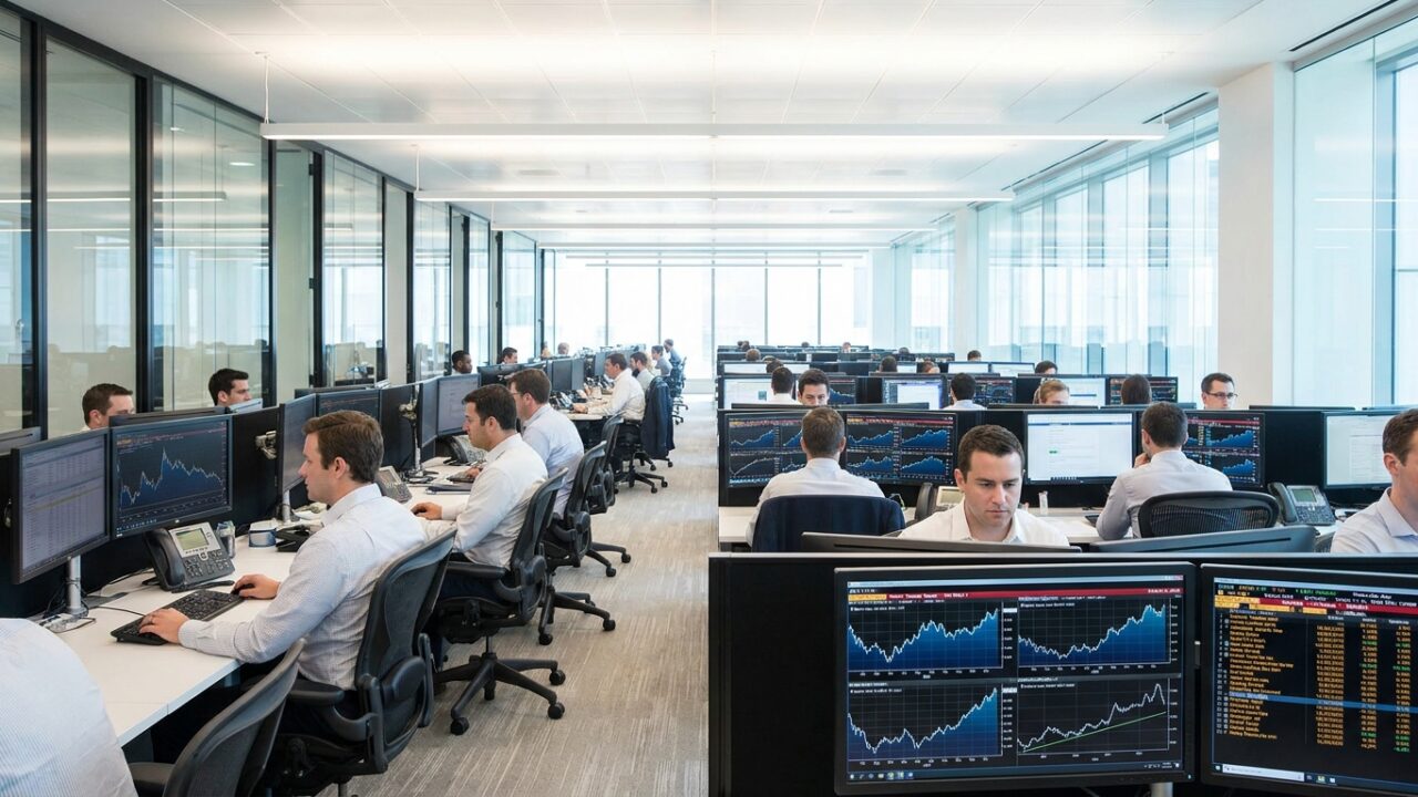 Financial trading floor with screens showing Treasury bond market data