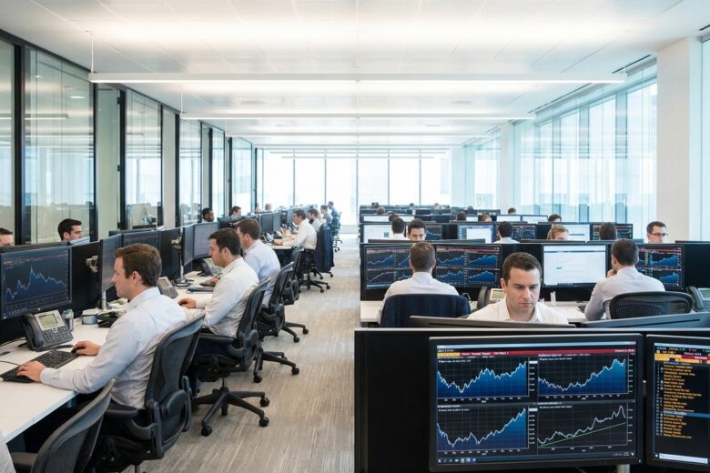 Financial trading floor with screens showing Treasury bond market data