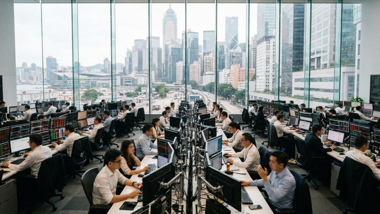 Trading floor in Asian financial center showing stock market screens and data displays