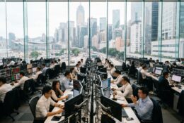 Trading floor in Asian financial center showing stock market screens and data displays