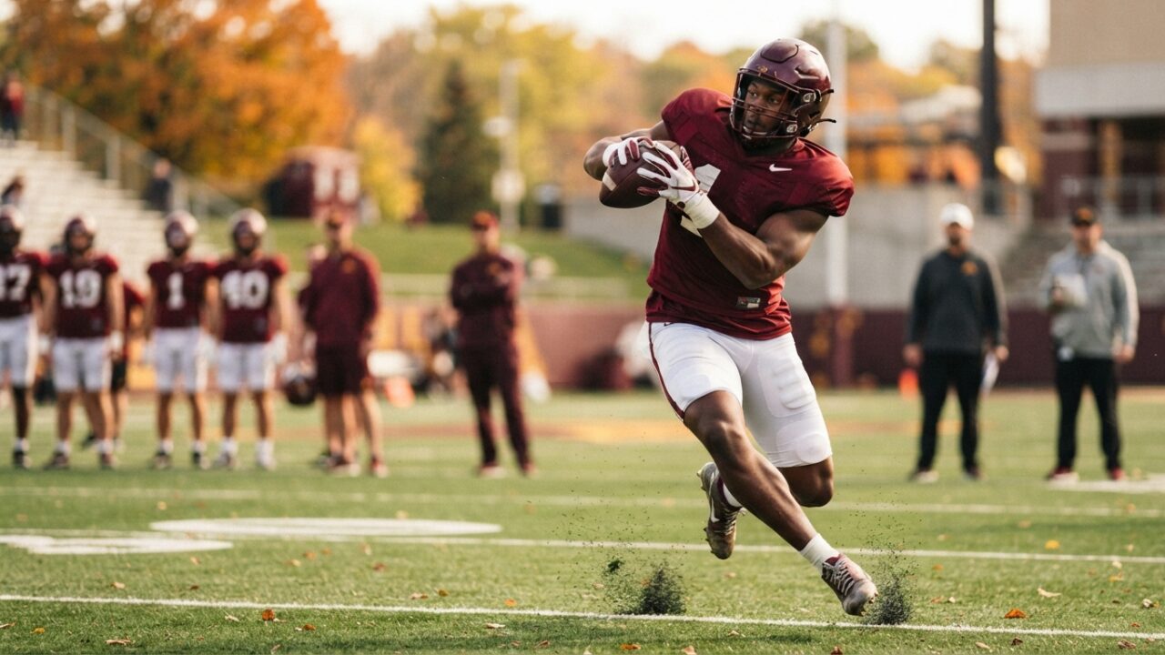 Football player practicing tight end position during training session