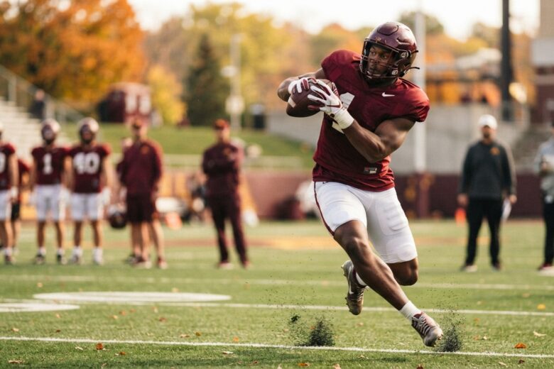 Football player practicing tight end position during training session
