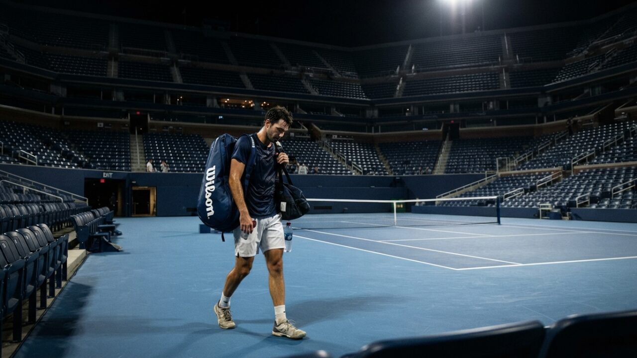 Tennis player leaving stadium court after defeat at night session