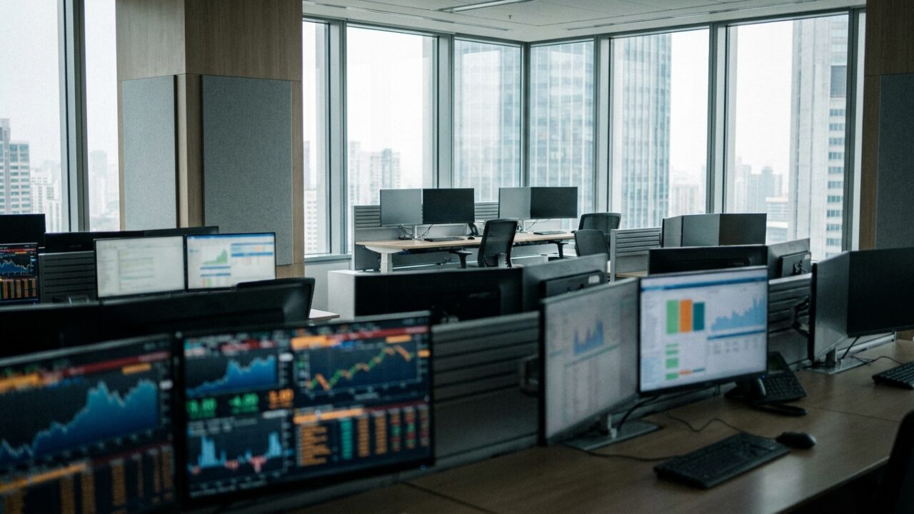 Bank trading floor with financial data screens showing interest rate information