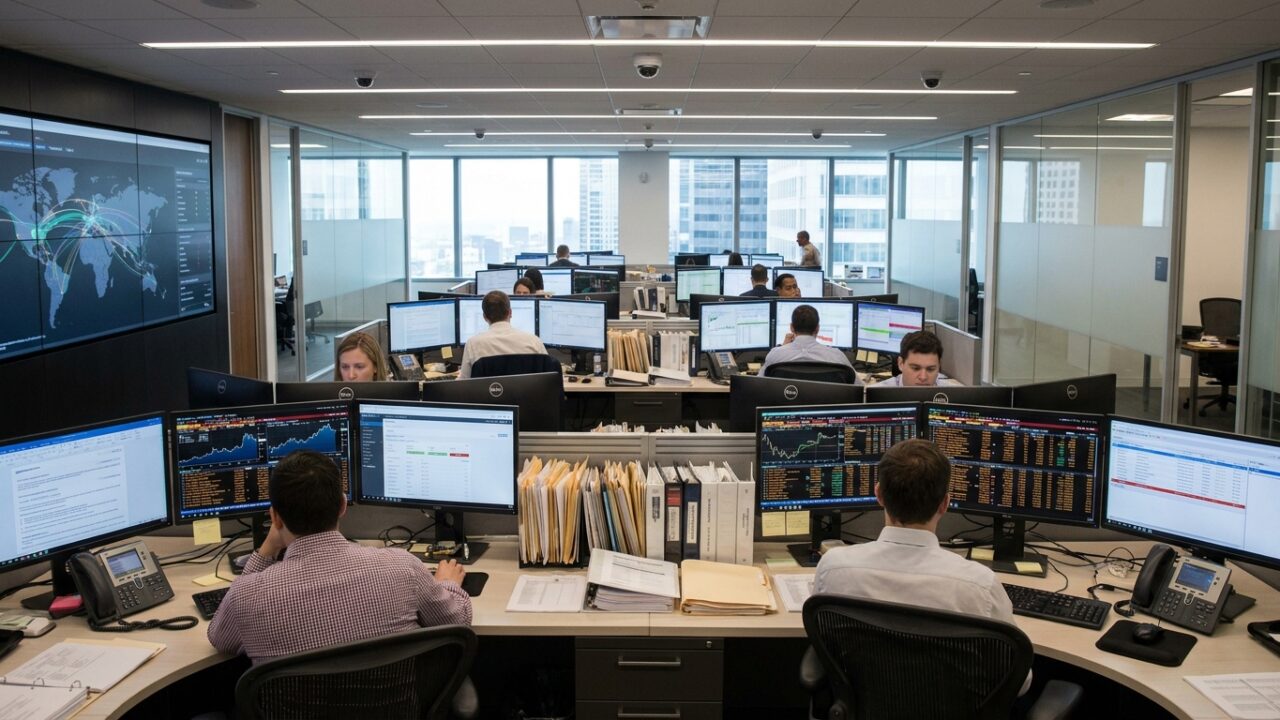 Bank compliance center with transaction monitoring screens and regulatory documents