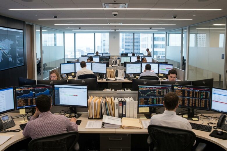 Bank compliance center with transaction monitoring screens and regulatory documents