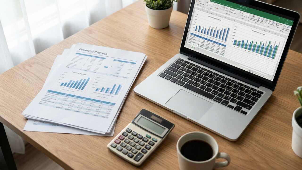Financial documents and laptop showing earnings data on a desk workspace