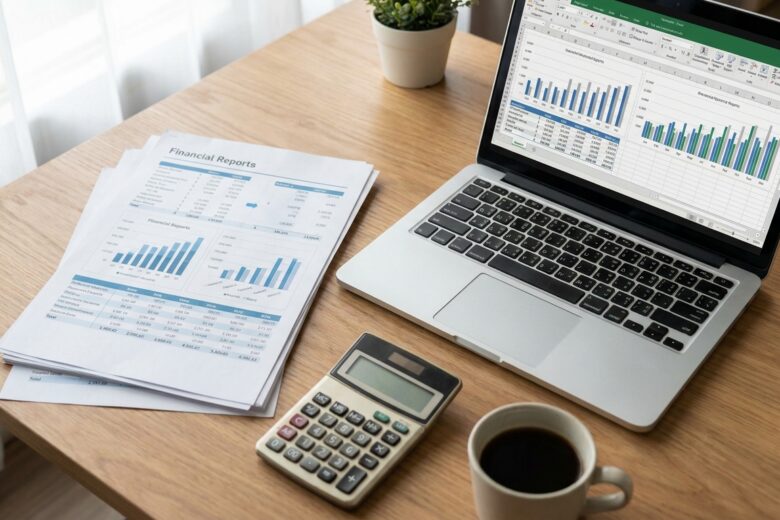 Financial documents and laptop showing earnings data on a desk workspace