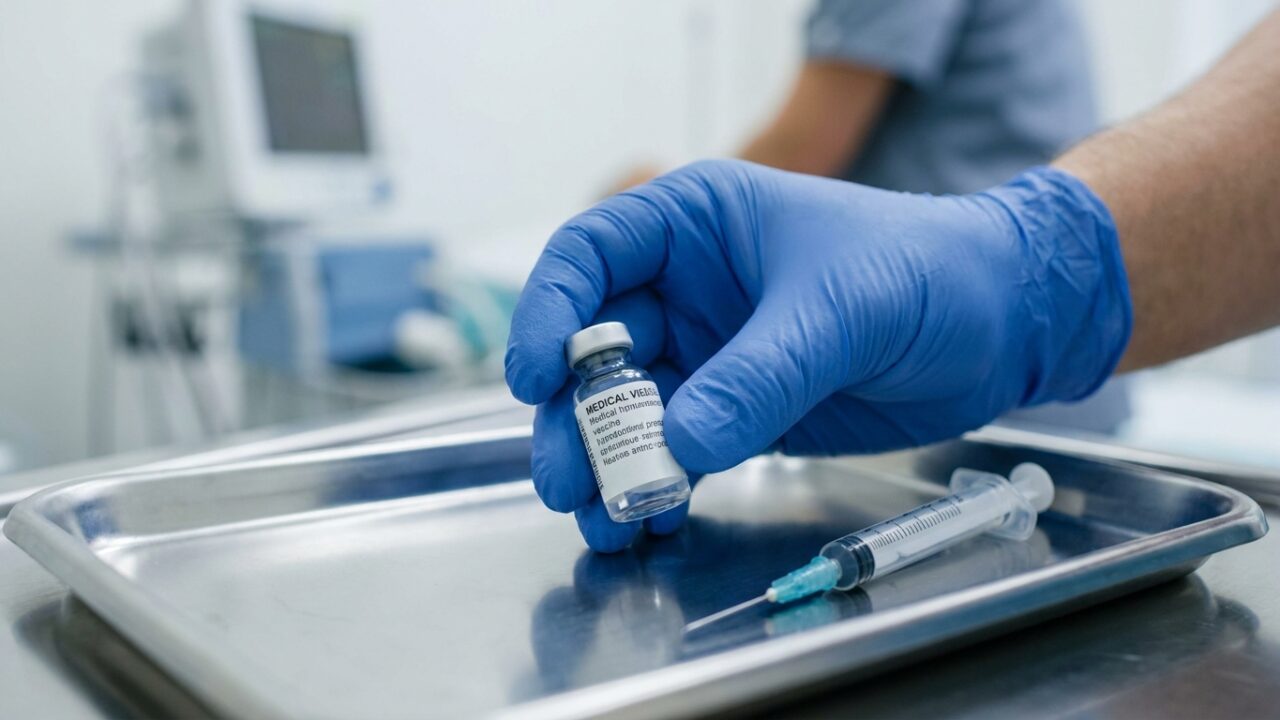 Medical vial and syringe on a clinical tray representing vaccination preparation