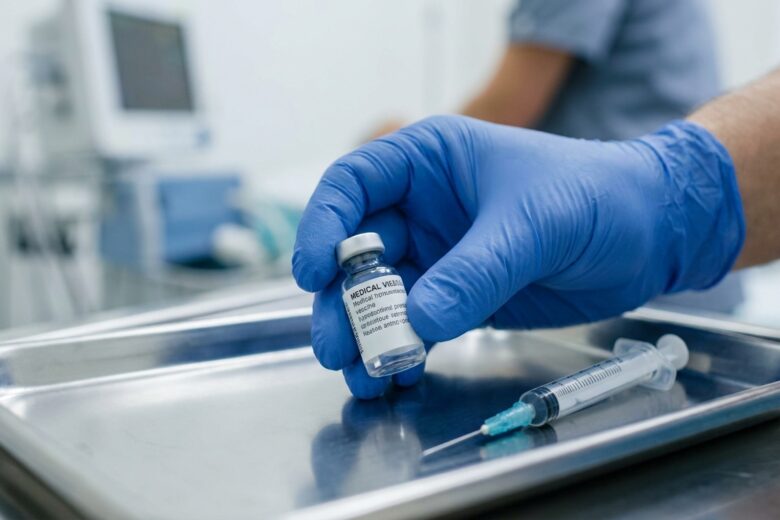 Medical vial and syringe on a clinical tray representing vaccination preparation
