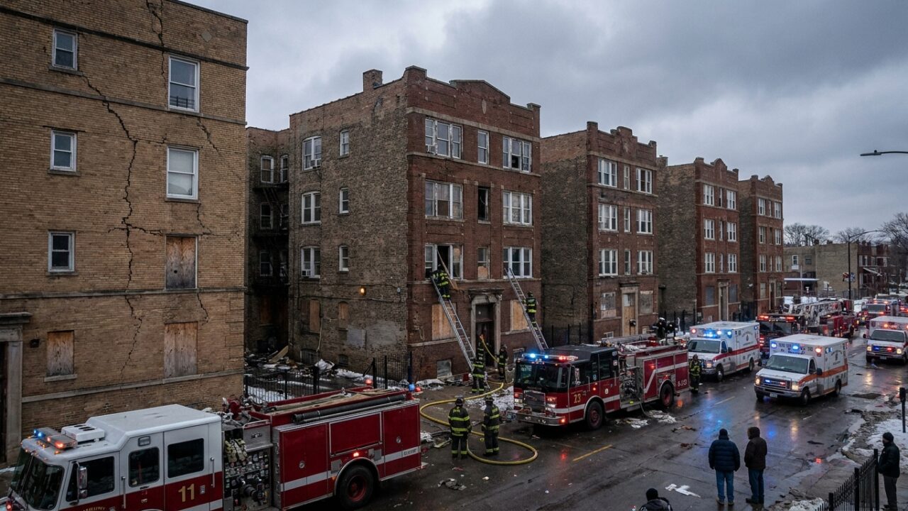 Emergency services responding to damaged residential buildings following missile strike in urban area