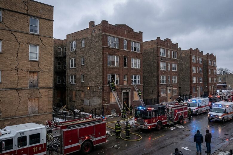 Emergency services responding to damaged residential buildings following missile strike in urban area