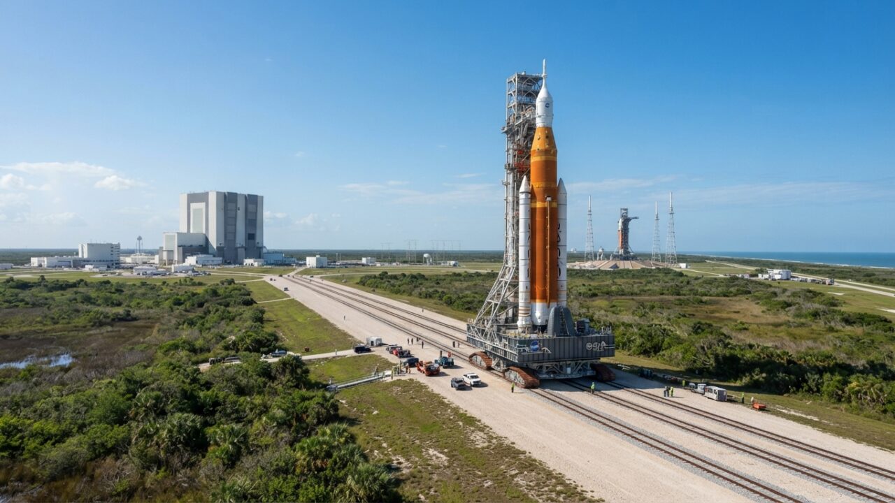 Rocket and space telescope assembly being moved to launch pad at Kennedy Space Center