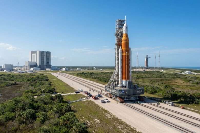 Rocket and space telescope assembly being moved to launch pad at Kennedy Space Center
