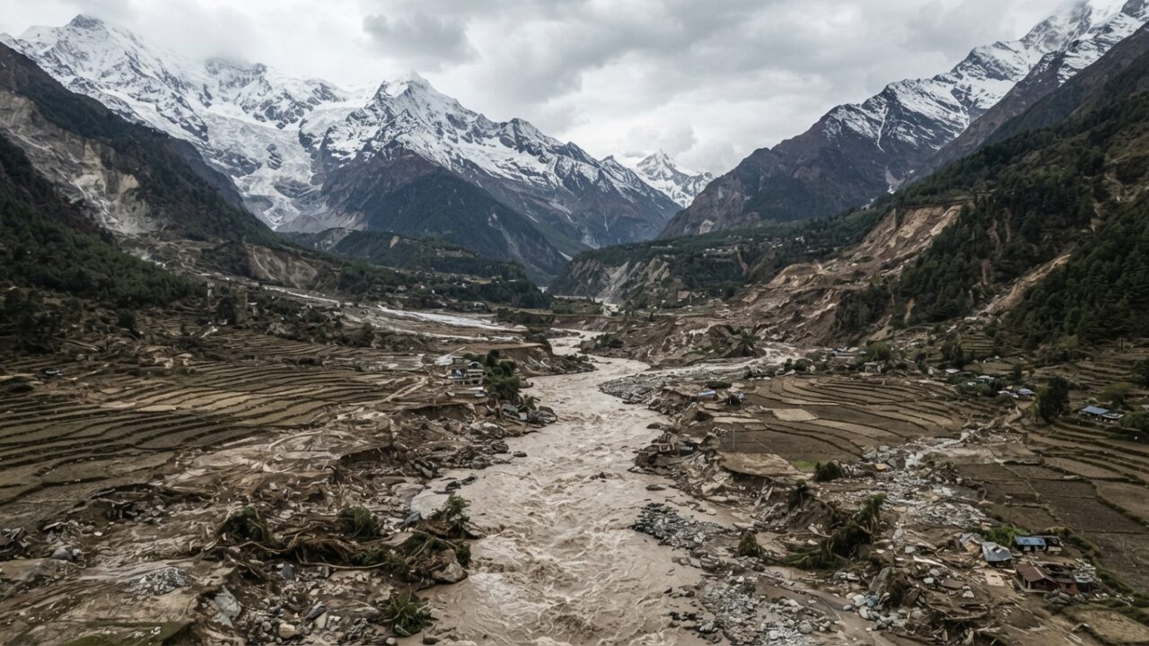 Himalayan valley showing flood damage from glacial lake outburst in Nepal