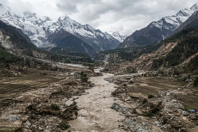 Himalayan valley showing flood damage from glacial lake outburst in Nepal