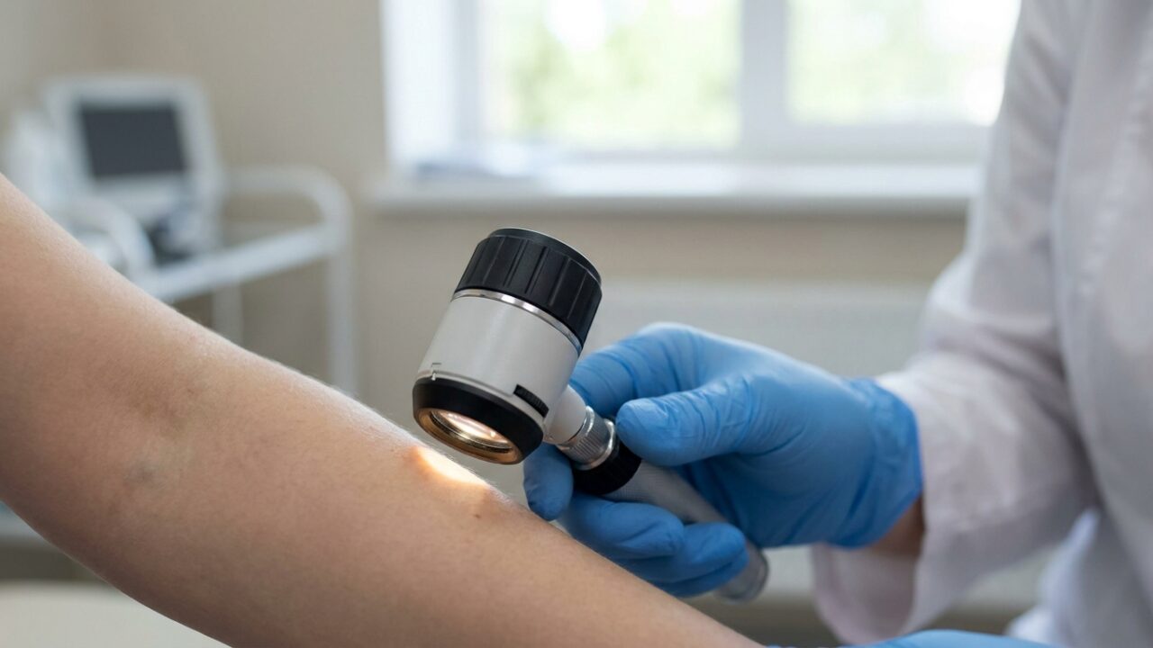 Medical professional performing skin examination with dermatoscope during clinical consultation