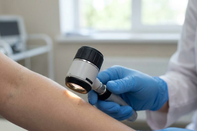 Medical professional performing skin examination with dermatoscope during clinical consultation