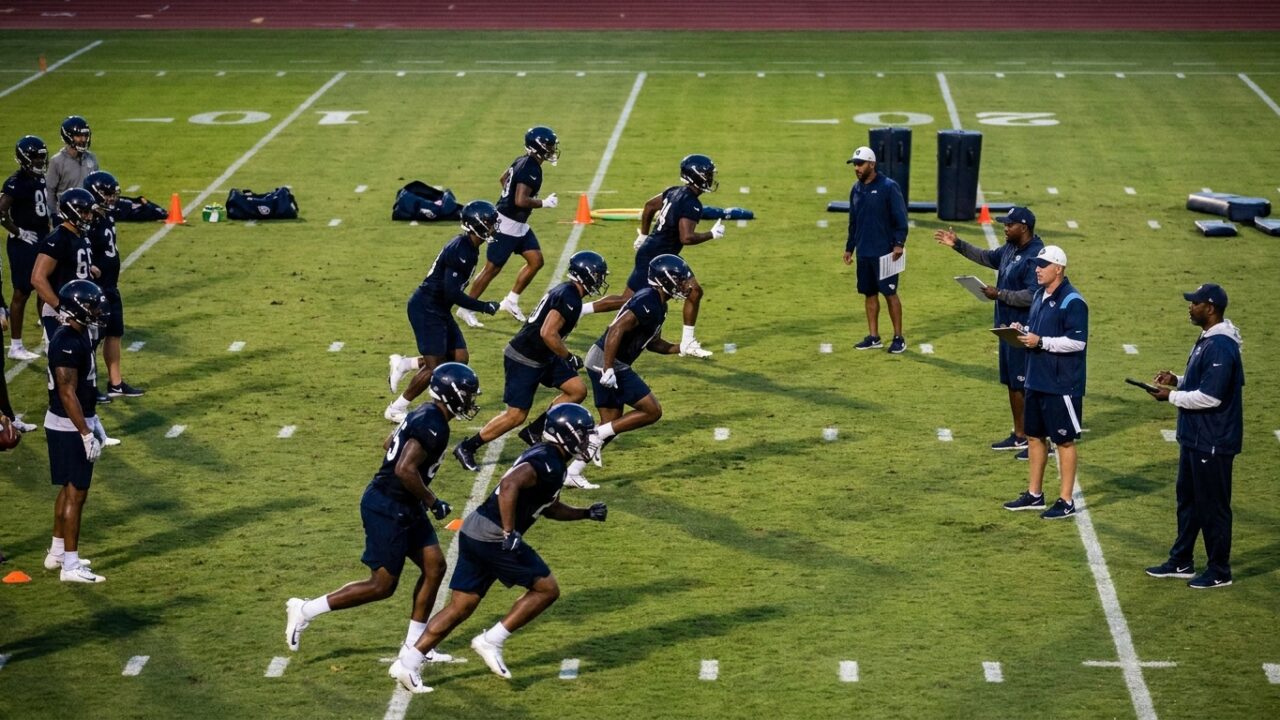 Football players training on practice field during preseason preparation