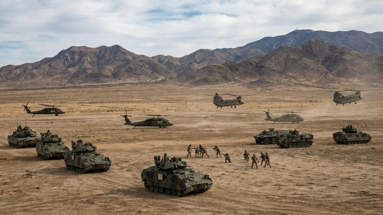 Military vehicles and aircraft during joint training exercises on an open field