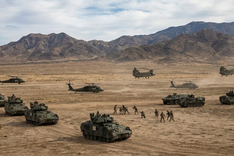 Military vehicles and aircraft during joint training exercises on an open field