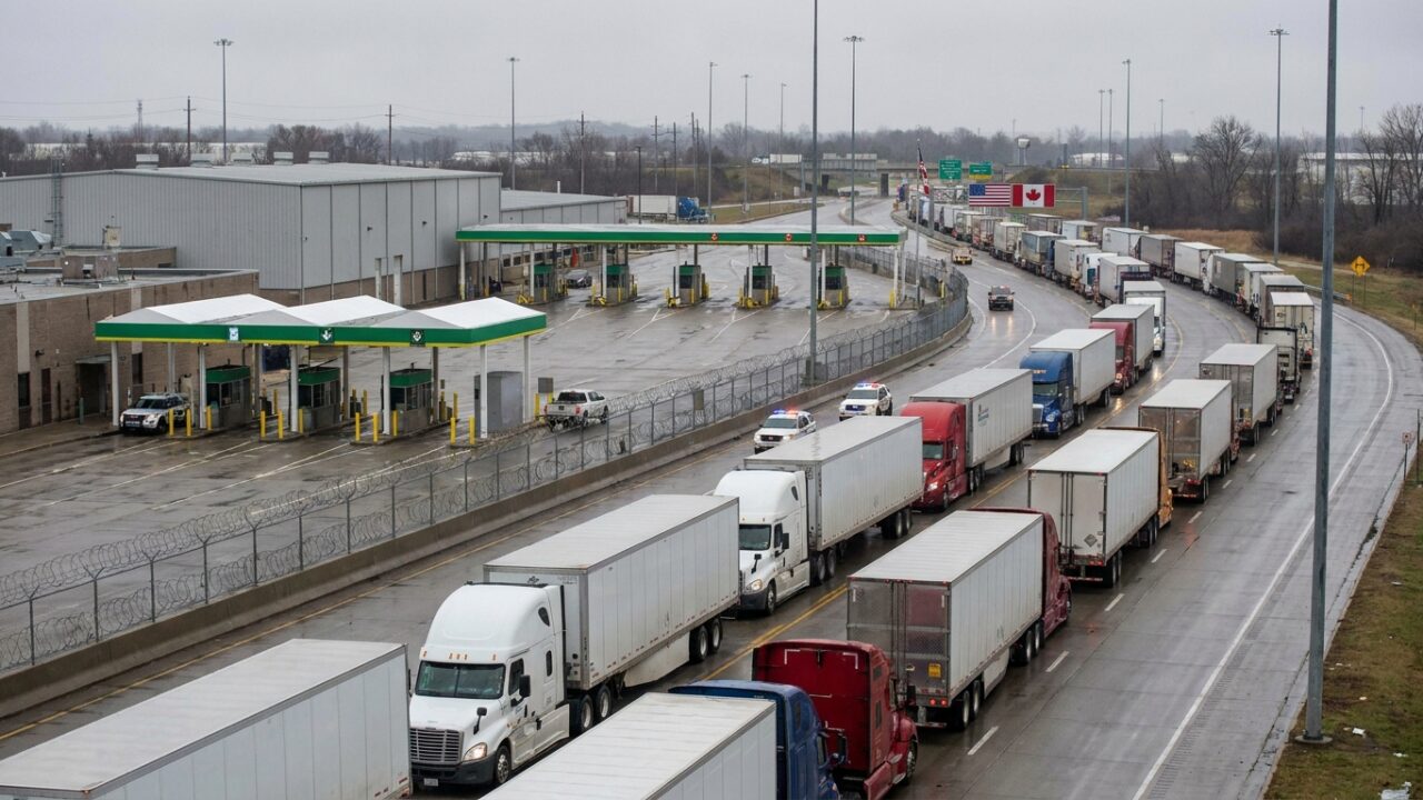 Commercial trucks lined up at United States-Canada border crossing facility