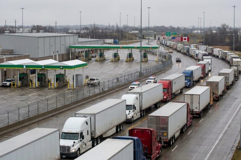Commercial trucks lined up at United States-Canada border crossing facility