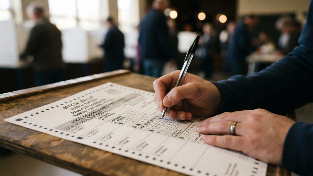 Official election ballot showing candidate names and ranked-choice voting bubbles with a pen
