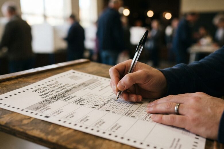 Official election ballot showing candidate names and ranked-choice voting bubbles with a pen