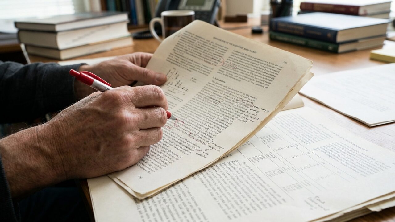 Reviewer's hands annotating scientific manuscript with red pen