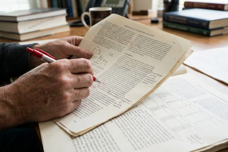 Reviewer's hands annotating scientific manuscript with red pen