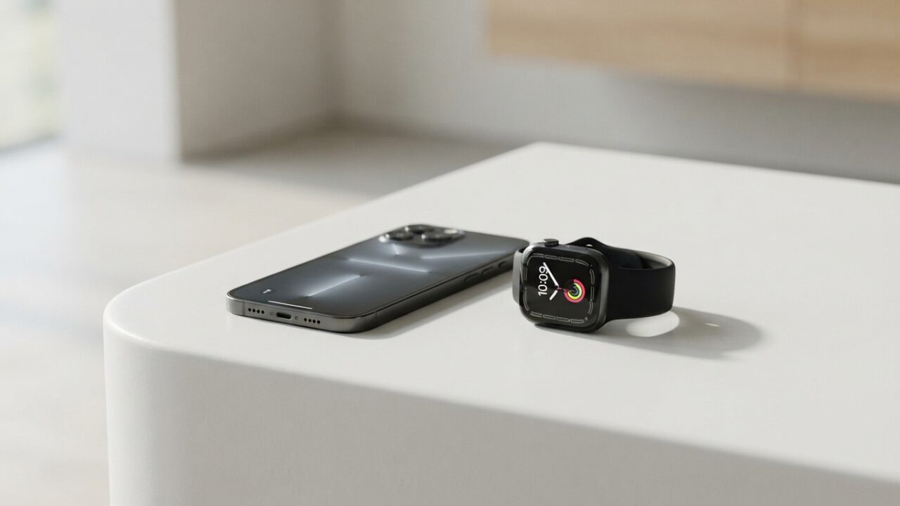 High-end smartphones and smartwatch arranged on display surface in professional product photography setting