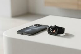 High-end smartphones and smartwatch arranged on display surface in professional product photography setting