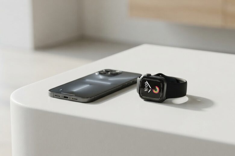High-end smartphones and smartwatch arranged on display surface in professional product photography setting
