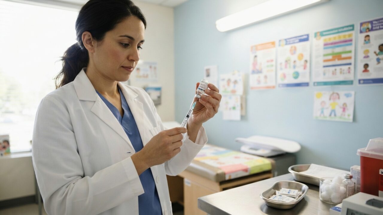 Healthcare worker preparing measles vaccination in clinical environment