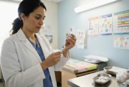 Healthcare worker preparing measles vaccination in clinical environment