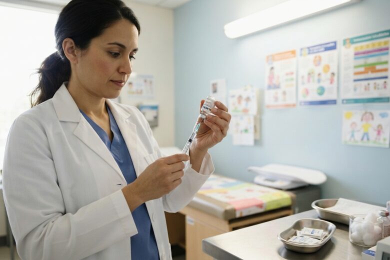 Healthcare worker preparing measles vaccination in clinical environment