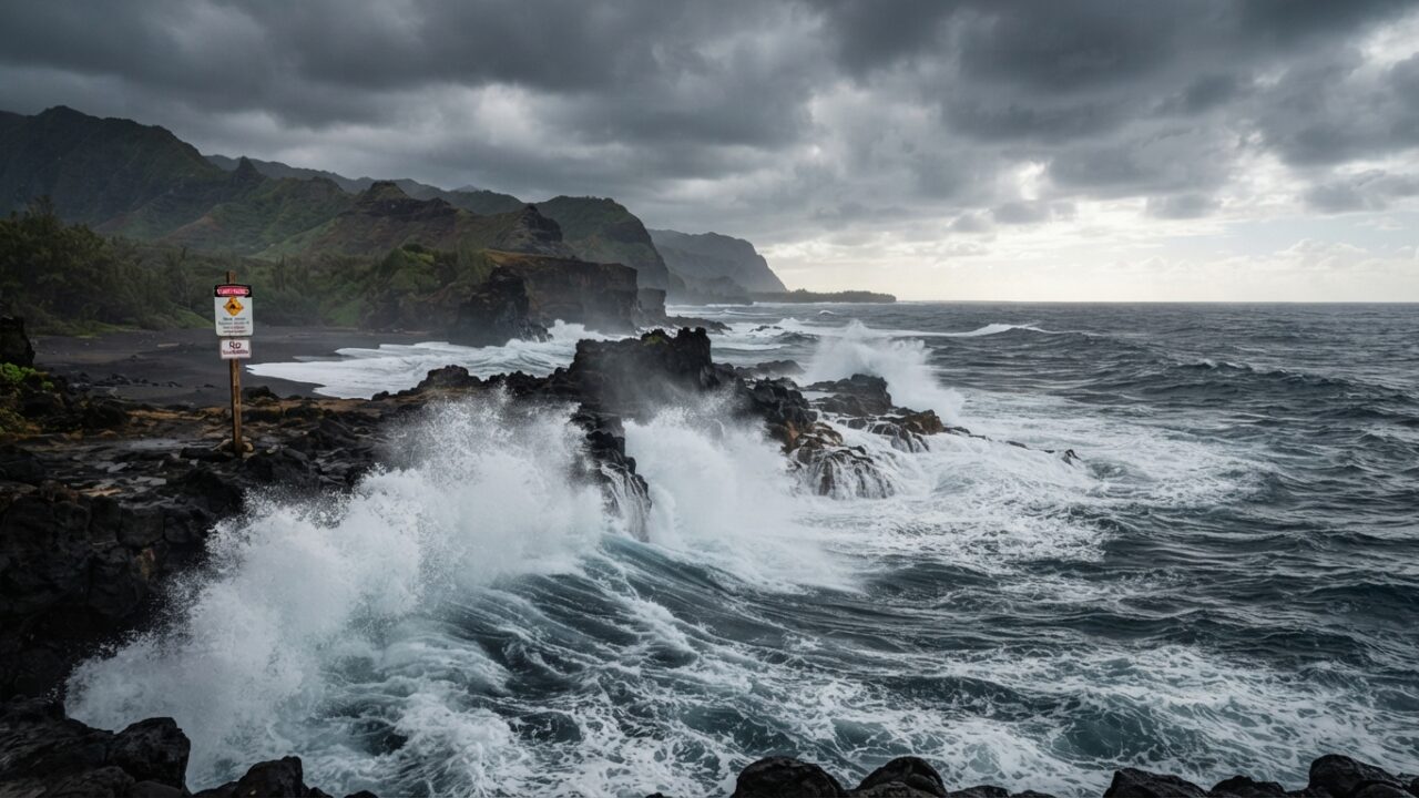 Powerful surf generated by distant hurricane crashes against Hawaiian rocky shore with warning signs posted
