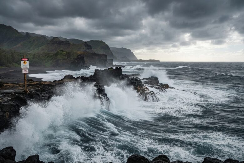 Powerful surf generated by distant hurricane crashes against Hawaiian rocky shore with warning signs posted