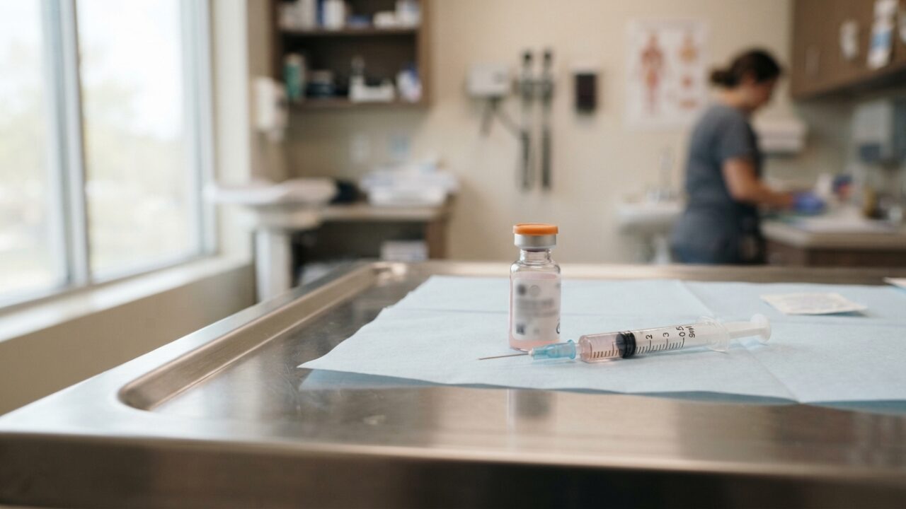 Measles vaccine vial and syringe in medical clinic setting