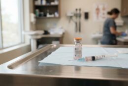 Measles vaccine vial and syringe in medical clinic setting