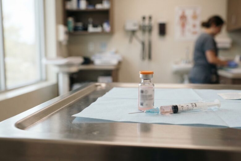 Measles vaccine vial and syringe in medical clinic setting