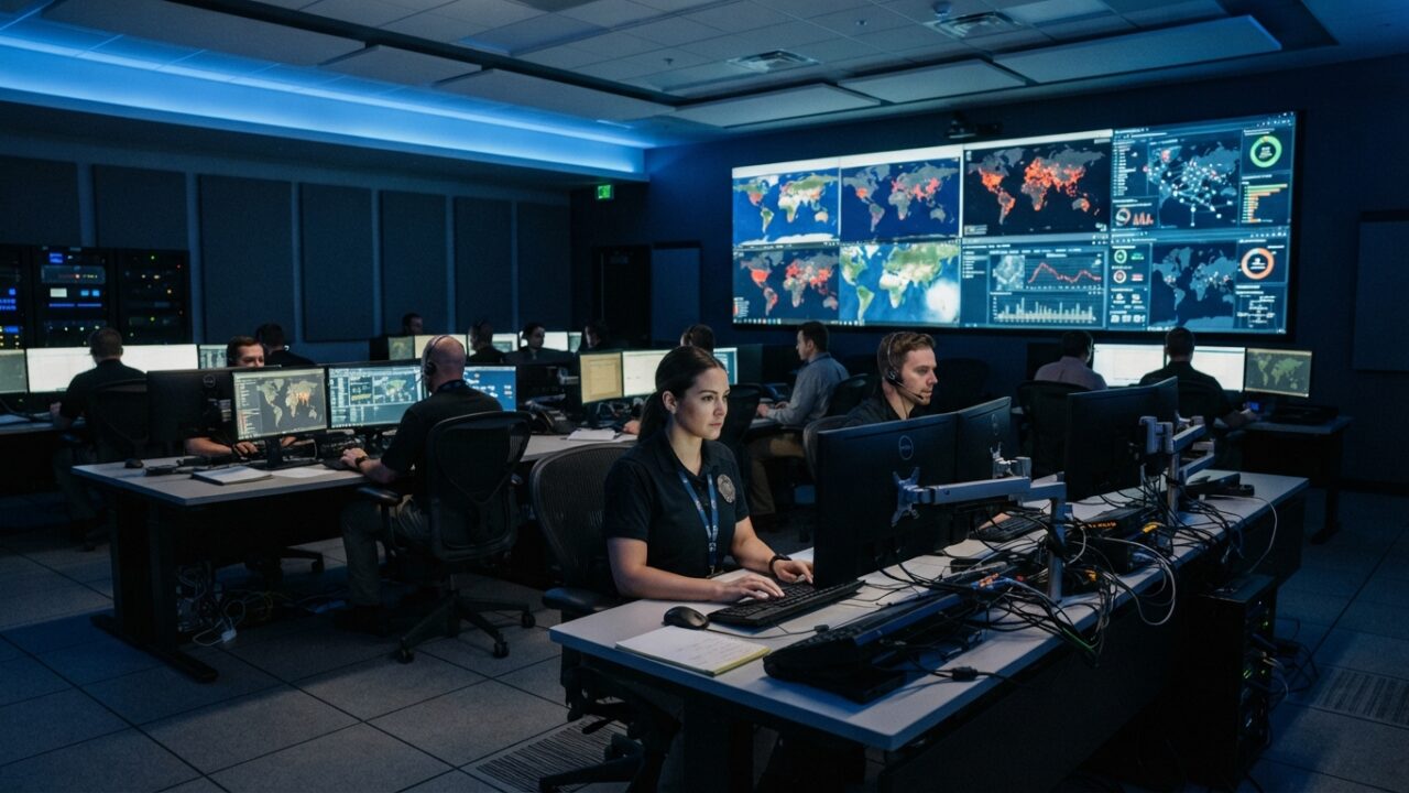 Intelligence analysts working at computer stations in a modern operations center with data displays