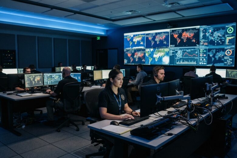 Intelligence analysts working at computer stations in a modern operations center with data displays