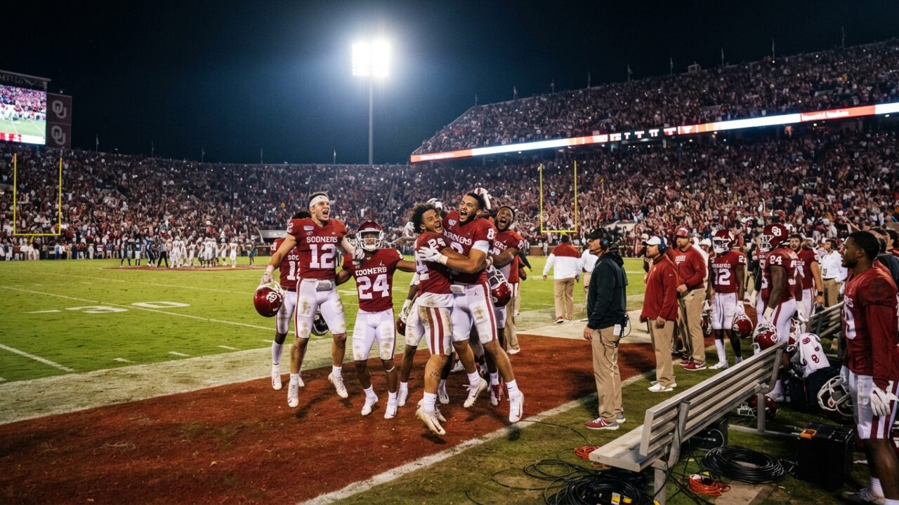 NFL stadium during Chiefs game with players celebrating on field under stadium lights