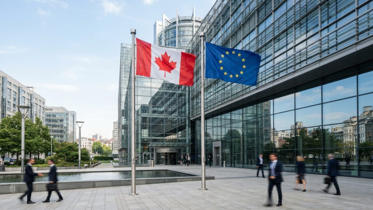 Canadian and European Union flags displayed together symbolizing diplomatic relations