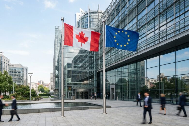 Canadian and European Union flags displayed together symbolizing diplomatic relations