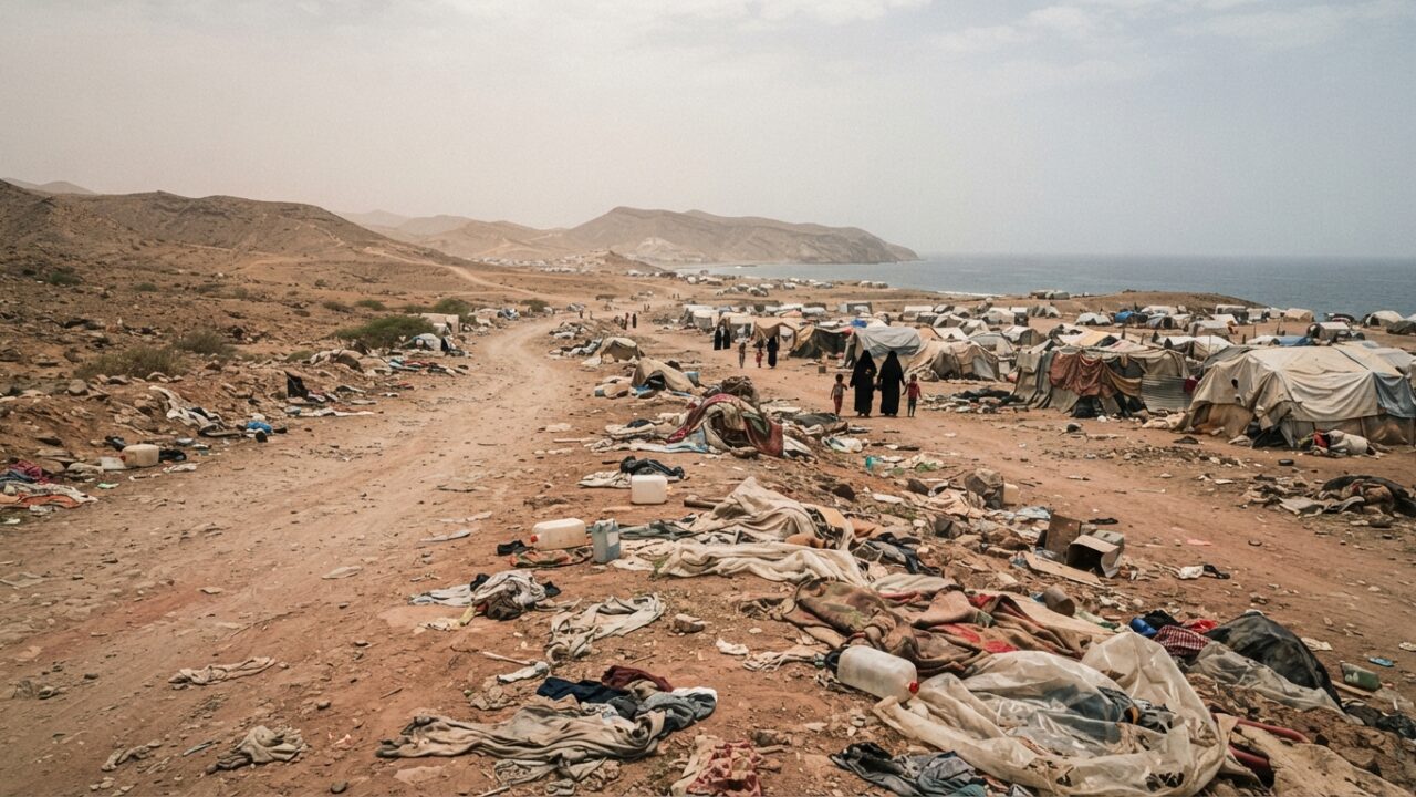 Makeshift displacement camp along a desert road in coastal Yemen showing humanitarian crisis conditions