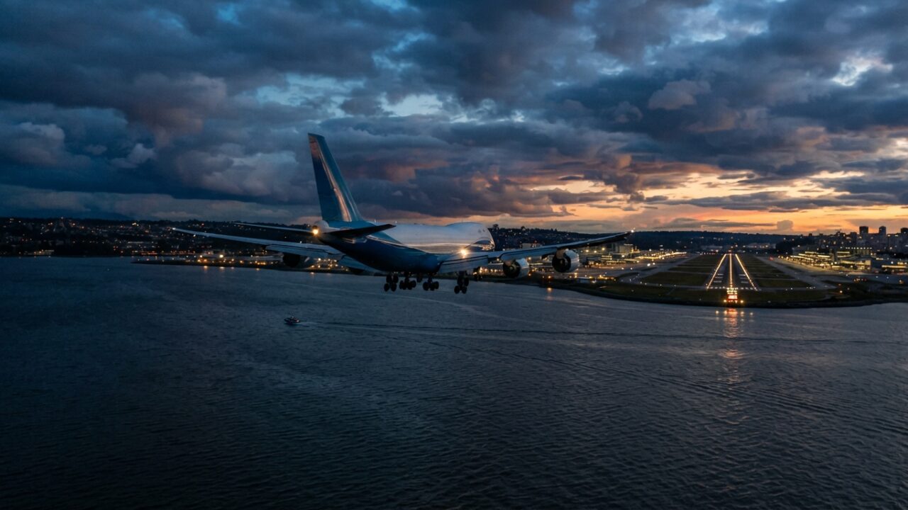 Cargo aircraft on final approach over water near airport