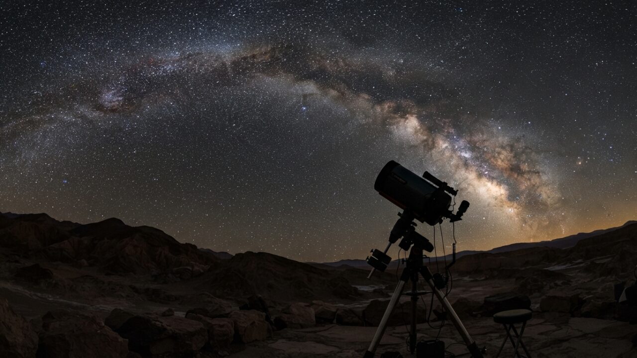 Night sky with stars and telescope silhouette during clear viewing conditions